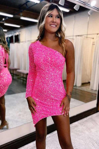 Cute Spakrly One Shoulder Sequins Pink Homecoming Dresses PD567