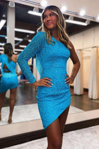 Cute Spakrly One Shoulder Sequins Pink Homecoming Dresses PD567