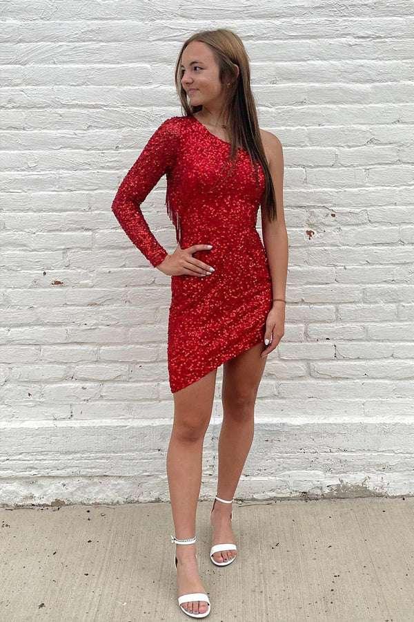 Cute Spakrly One Shoulder Sequins Pink Homecoming Dresses PD567