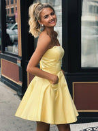 Simple Strapless Short Prom Dress Yellow Homecoming Dress with Pockets