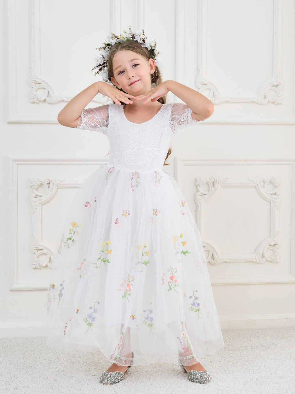 Sage Scoop Neck Cloth Surface and Tulle Flower Girl Dress