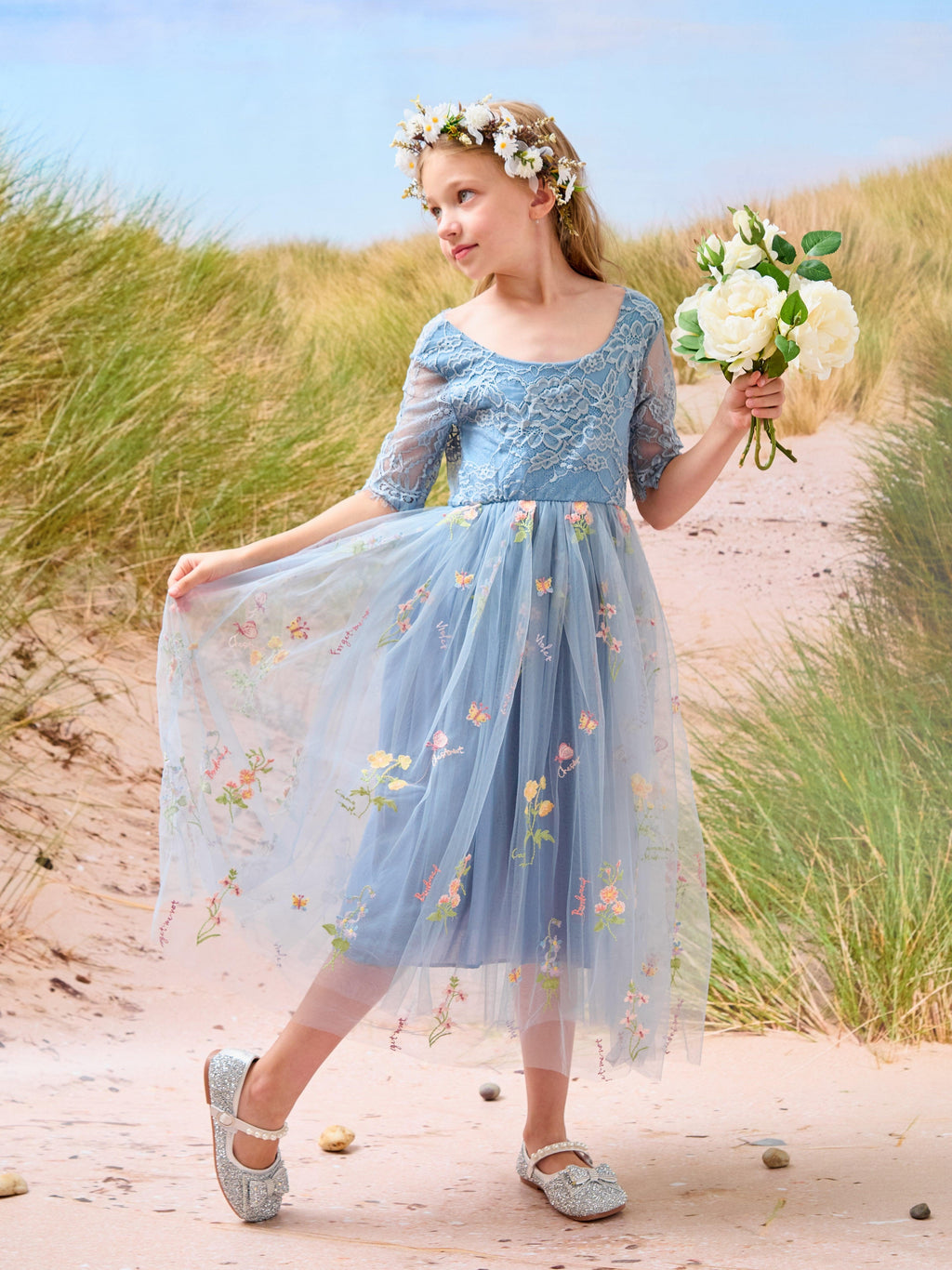 Sage Scoop Neck Cloth Surface and Tulle Flower Girl Dress