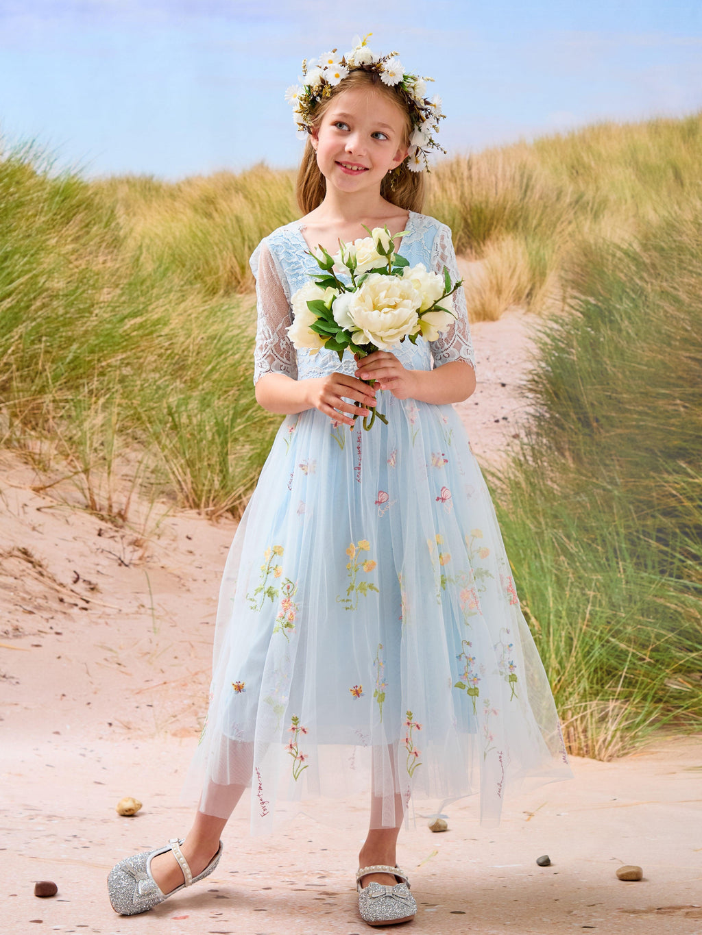 Sage Scoop Neck Cloth Surface and Tulle Flower Girl Dress