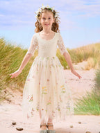 Sage Scoop Neck Cloth Surface and Tulle Flower Girl Dress