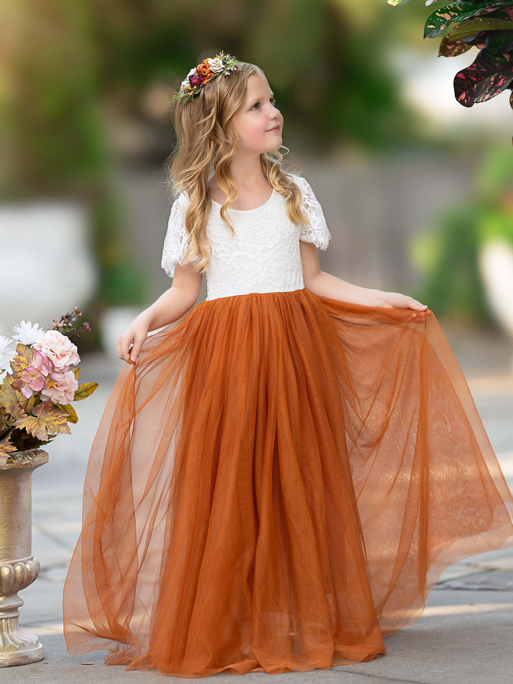 Vestido bohemio de encaje naranja quemado hasta los tobillos para niña de las flores 
