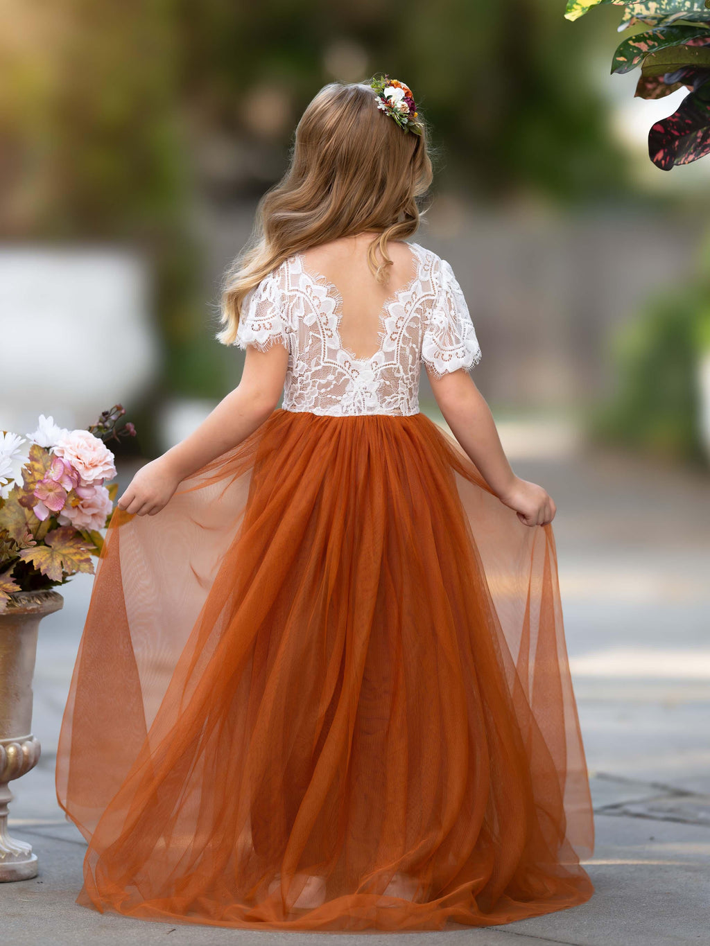 Vestido bohemio de encaje naranja quemado hasta los tobillos para niña de las flores 