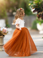 Vestido bohemio de encaje naranja quemado hasta los tobillos para niña de las flores 