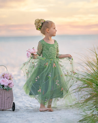 Sage Scoop Neck Cloth Surface and Tulle Flower Girl Dress (2003227581)