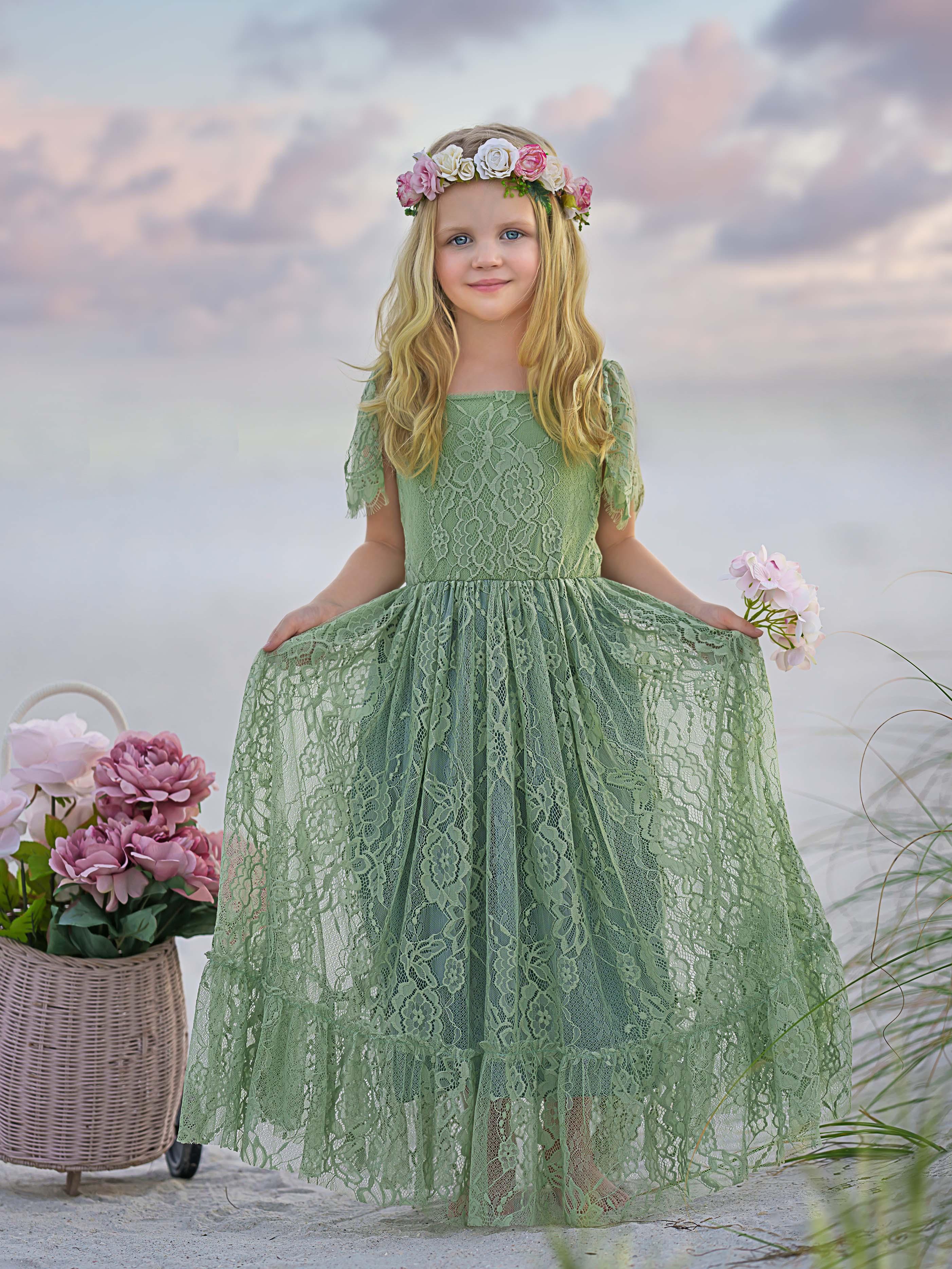 Sage Green Lace Beach Resort Boho Flower Dress Sage Green / 11Y