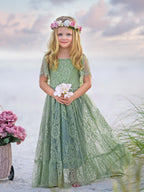 Vestido bohemio playero de encaje verde salvia con flores 