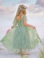 Vestido bohemio playero de encaje verde salvia con flores 