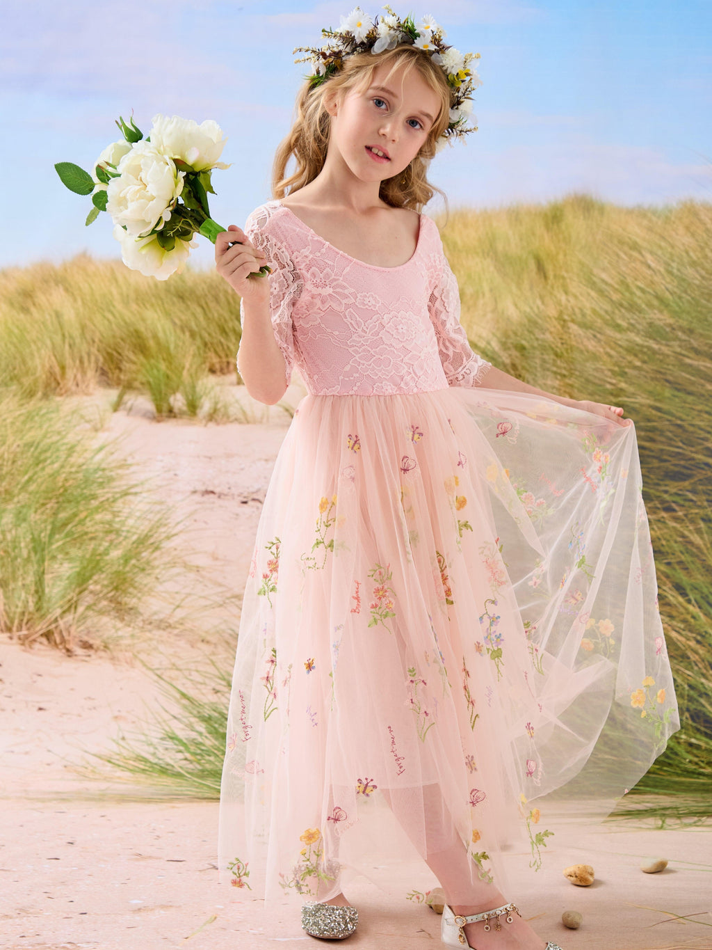 Sage Scoop Neck Cloth Surface and Tulle Flower Girl Dress