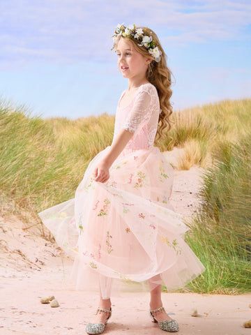 Sage Scoop Neck Cloth Surface and Tulle Flower Girl Dress (2003227581)