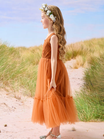 Vestido bohemio de tul con encaje hasta el suelo para niña de las flores 