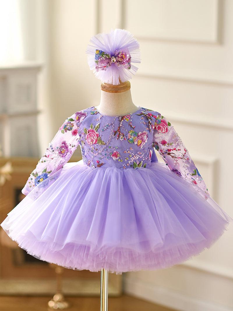 Vestido para bebé niña con mangas largas, volantes y lentejuelas color lila hasta la rodilla 