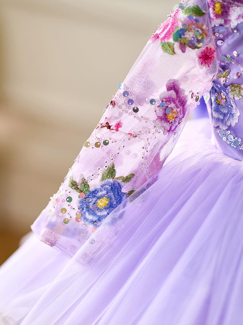 Vestido para bebé niña con mangas largas, volantes y lentejuelas color lila hasta la rodilla 