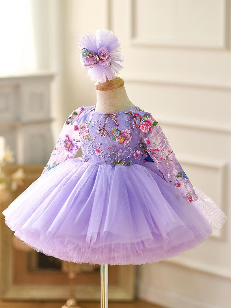 Vestido para bebé niña con mangas largas, volantes y lentejuelas color lila hasta la rodilla 