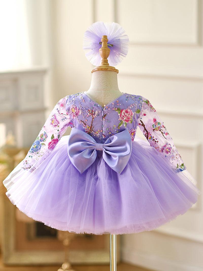 Vestido para bebé niña con mangas largas, volantes y lentejuelas color lila hasta la rodilla 