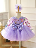 Vestido para bebé niña con mangas largas, volantes y lentejuelas color lila hasta la rodilla 
