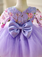 Vestido para bebé niña con mangas largas, volantes y lentejuelas color lila hasta la rodilla 