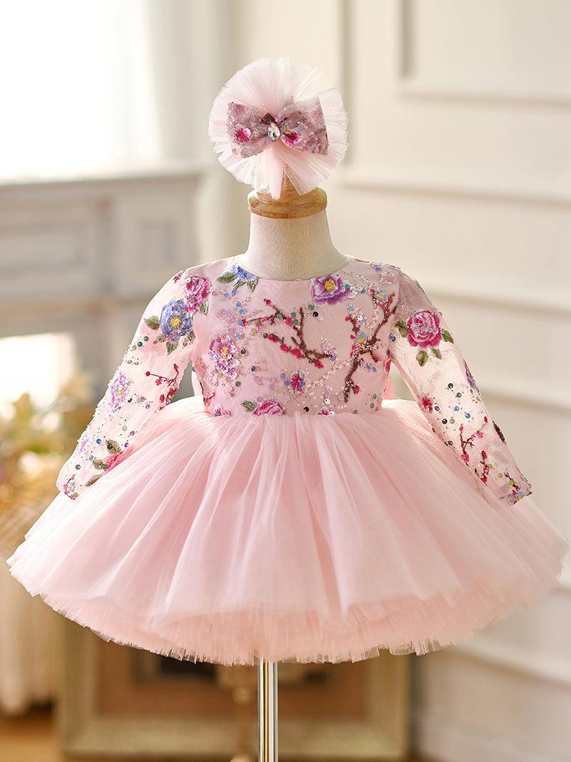 Vestido para bebé niña con mangas largas, volantes y lentejuelas color lila hasta la rodilla 