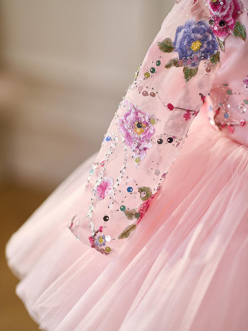 Vestido para bebé niña con mangas largas, volantes y lentejuelas color lila hasta la rodilla 