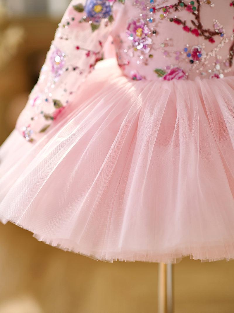 Vestido para bebé niña con mangas largas, volantes y lentejuelas color lila hasta la rodilla 