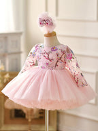 Vestido para bebé niña con mangas largas, volantes y lentejuelas color lila hasta la rodilla 