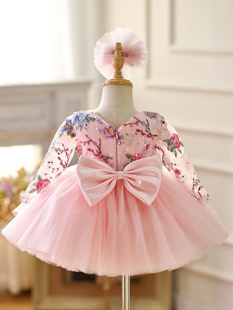 Vestido para bebé niña con mangas largas, volantes y lentejuelas color lila hasta la rodilla 