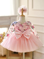 Vestido para bebé niña con mangas largas, volantes y lentejuelas color lila hasta la rodilla 