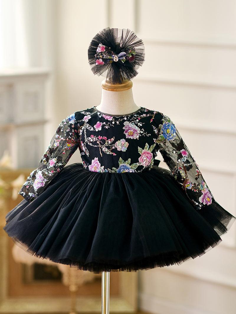 Vestido para bebé niña con mangas largas, volantes y lentejuelas color lila hasta la rodilla 