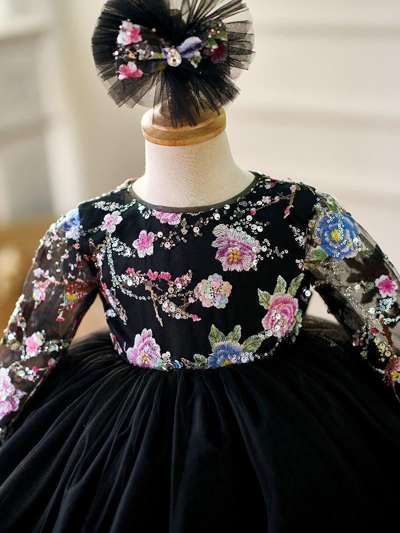 Vestido para bebé niña con mangas largas, volantes y lentejuelas color lila hasta la rodilla 