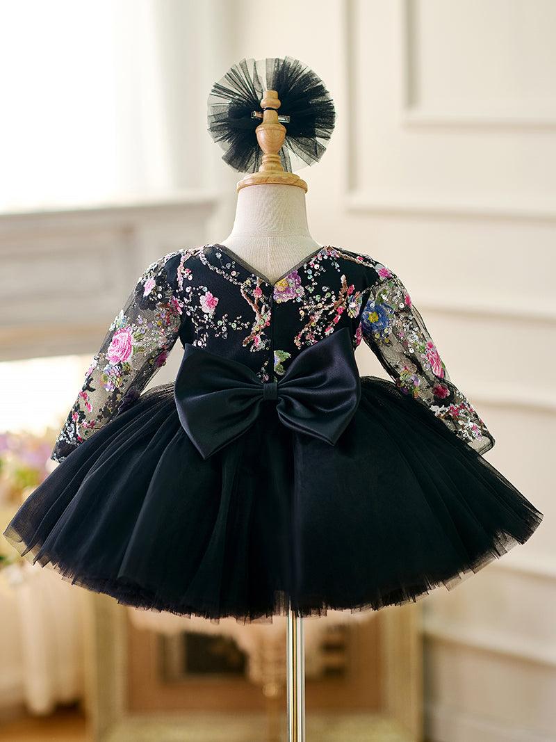Vestido para bebé niña con mangas largas, volantes y lentejuelas color lila hasta la rodilla 