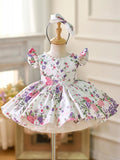 Vestido floral con mangas abullonadas hasta la rodilla para niña 
