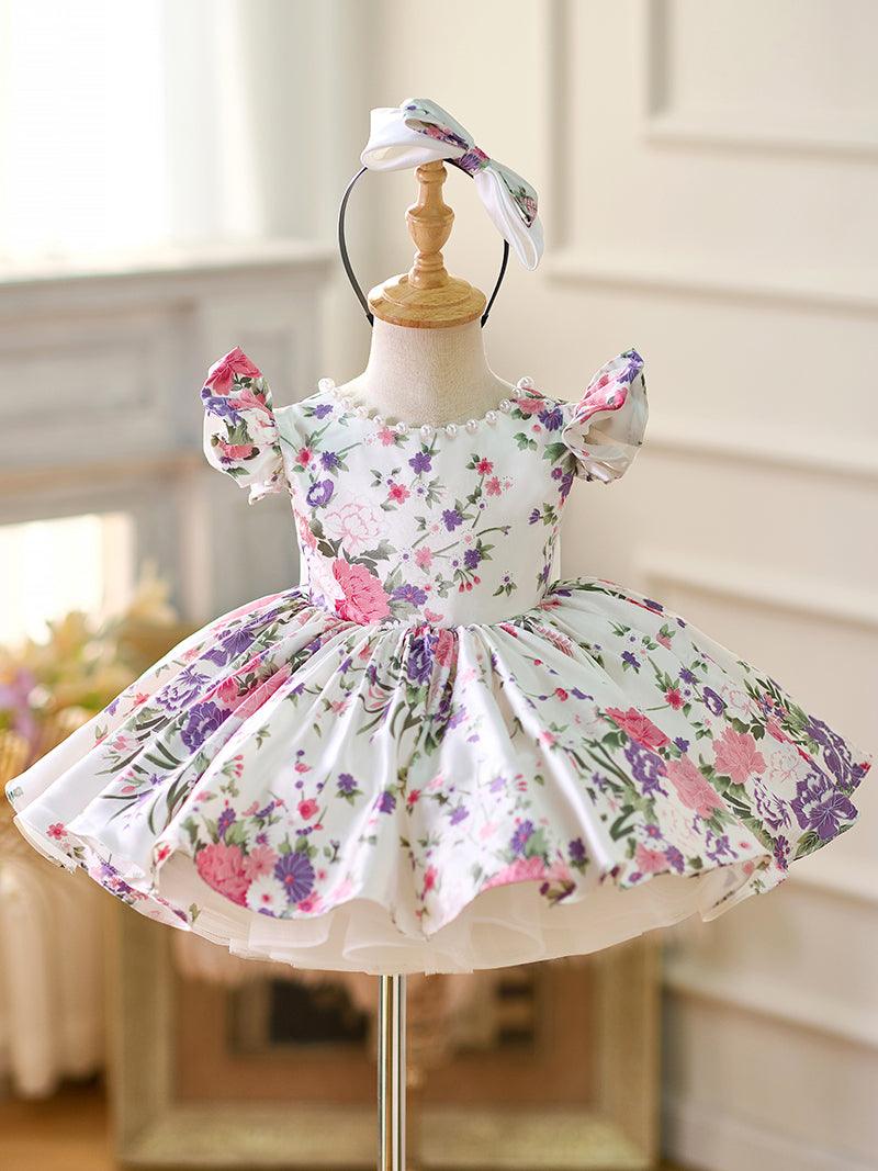 Vestido floral con mangas abullonadas hasta la rodilla para niña 
