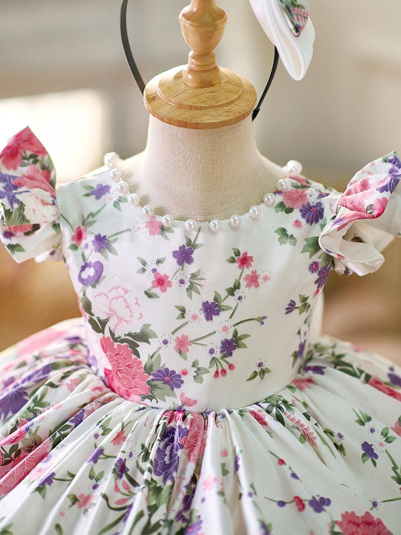 Vestido floral con mangas abullonadas hasta la rodilla para niña 