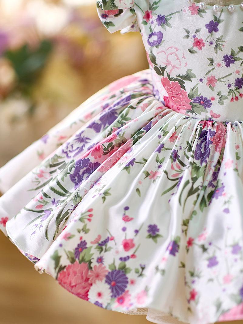 Vestido floral con mangas abullonadas hasta la rodilla para niña 