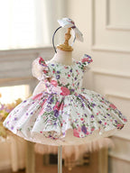 Vestido floral con mangas abullonadas hasta la rodilla para niña 