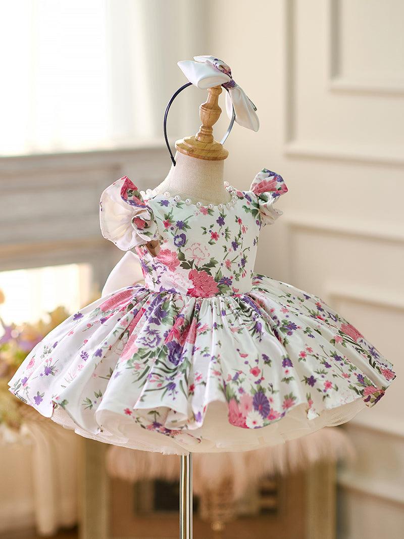Vestido floral con mangas abullonadas hasta la rodilla para niña 