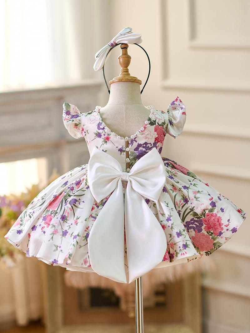 Vestido floral con mangas abullonadas hasta la rodilla para niña 