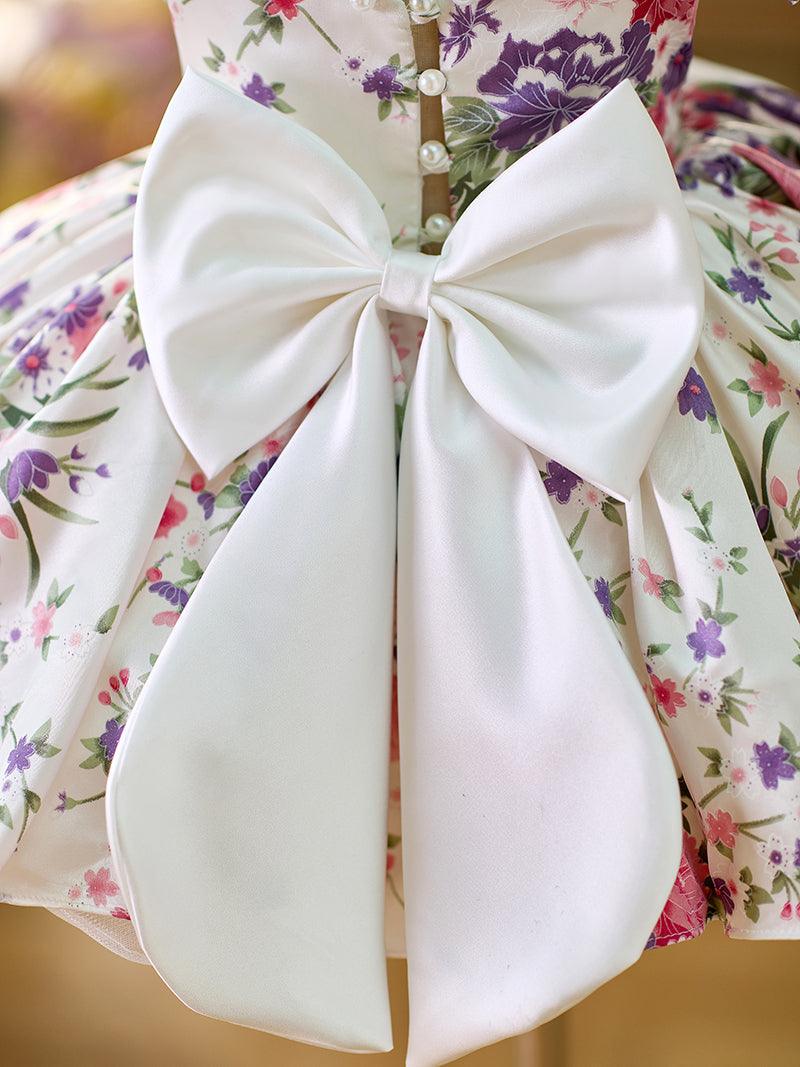 Vestido floral con mangas abullonadas hasta la rodilla para niña 