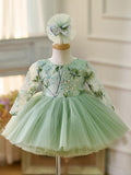 Vestido verde salvia de manga larga hasta la rodilla para niña 
