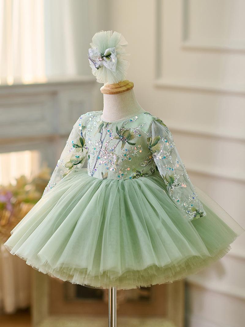 Vestido verde salvia de manga larga hasta la rodilla para niña 