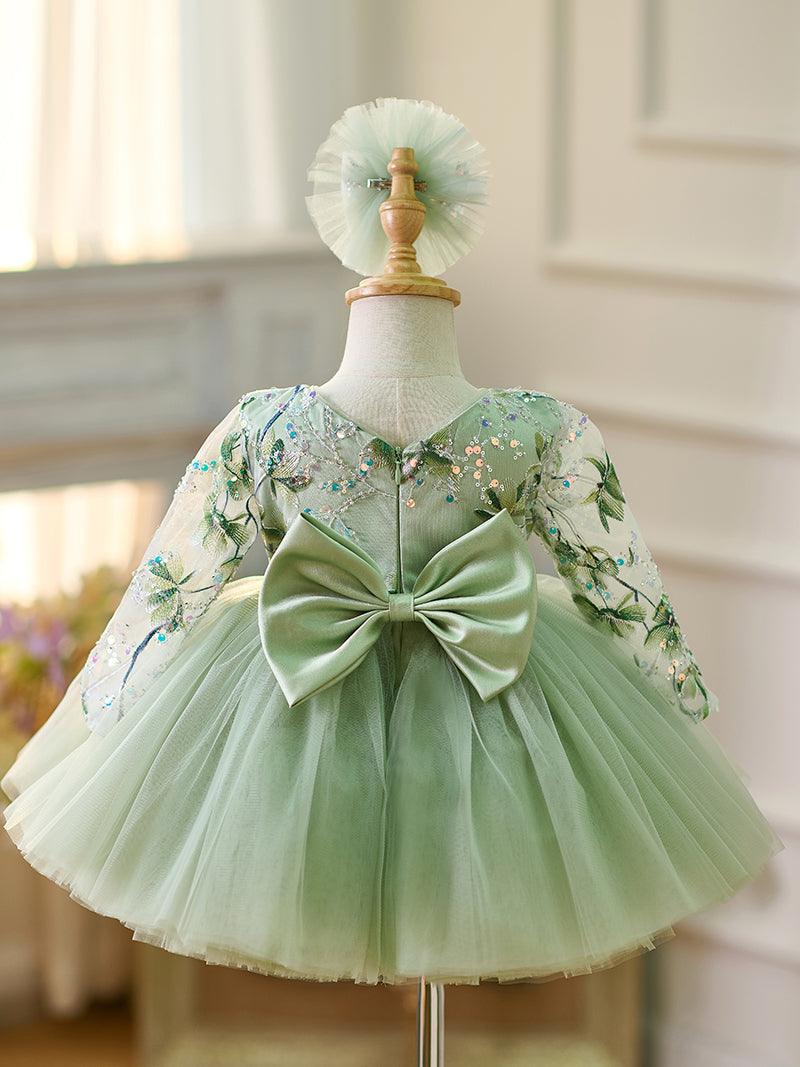Vestido verde salvia de manga larga hasta la rodilla para niña 