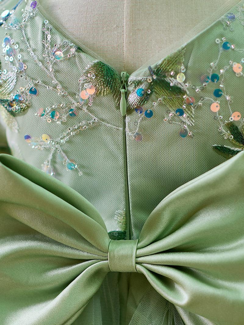 Vestido verde salvia de manga larga hasta la rodilla para niña 