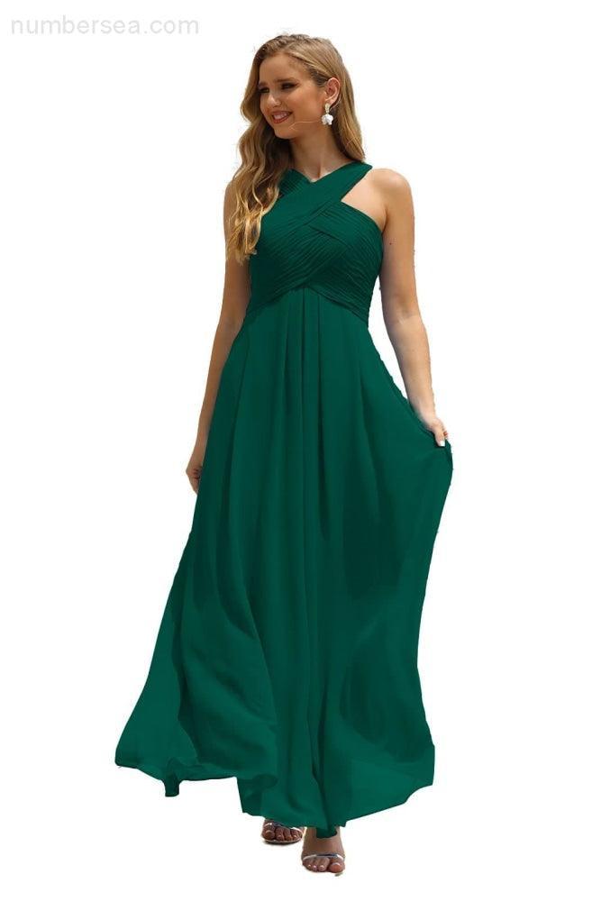 Numbersea Women Halter Chiffon Bridesmaid Dress A-line Long Formal Prom Gown SEA28015-numbersea