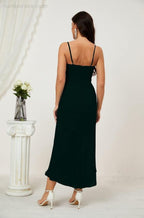 Numbersea Spaghetti Chiffon V Neck Bridesmaid Dress Mid-Length Slit Formal Prom Dress Homecoming Dress 2803-numbersea