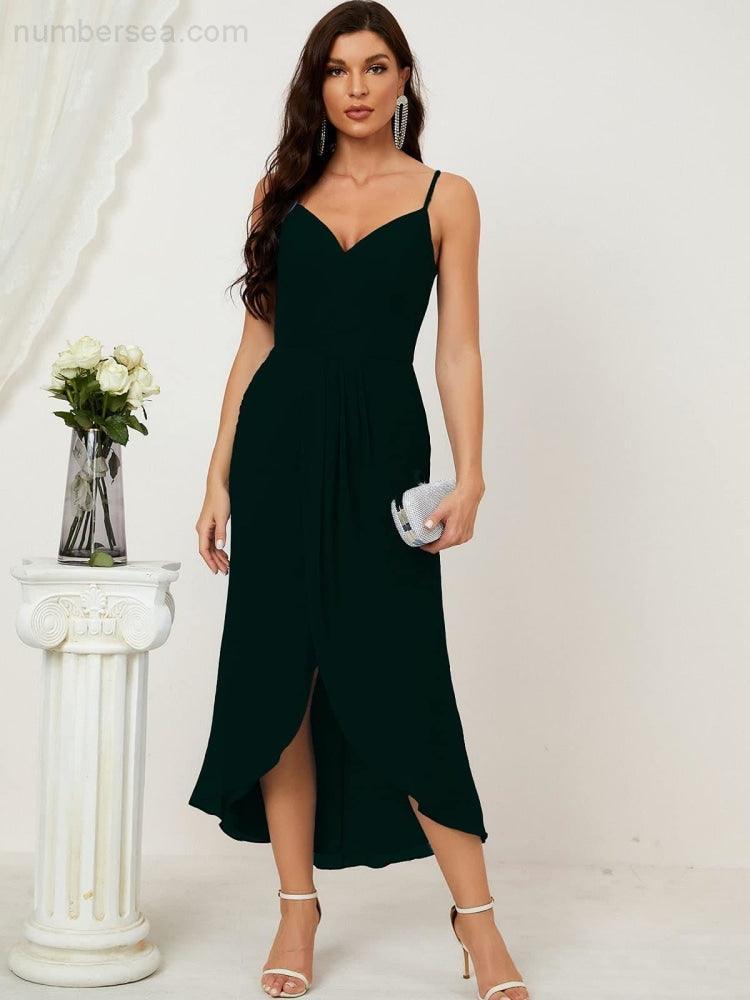 Numbersea Spaghetti Chiffon V Neck Bridesmaid Dress Mid-Length Slit Formal Prom Dress Homecoming Dress 2803-numbersea