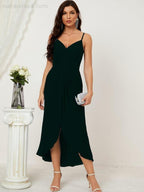 Numbersea Spaghetti Chiffon V Neck Bridesmaid Dress Mid-Length Slit Formal Prom Dress Homecoming Dress 2803-numbersea