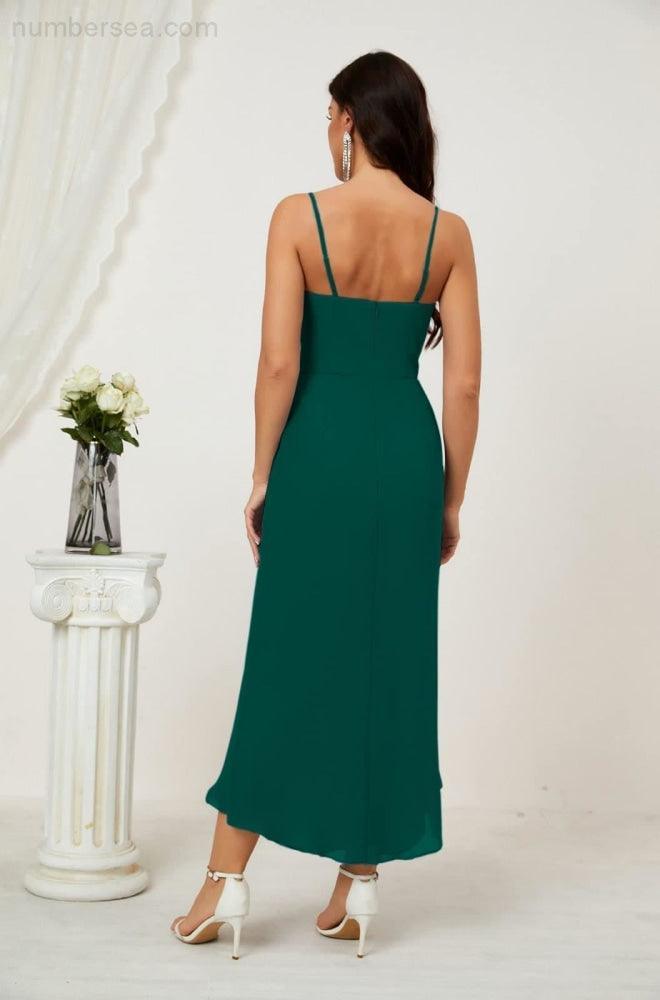 Numbersea Spaghetti Chiffon V Neck Bridesmaid Dress Mid-Length Slit Formal Prom Dress Homecoming Dress 2803-numbersea